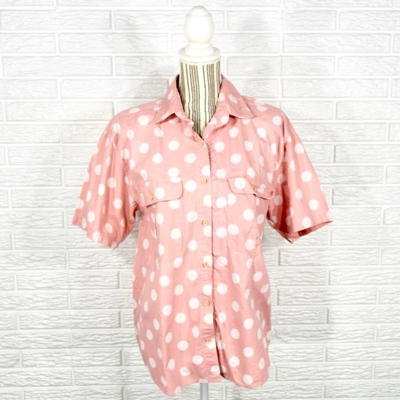 Vintage Tops - Vtg 80s Ilio Pink White Polka Dot Button Up Shirt